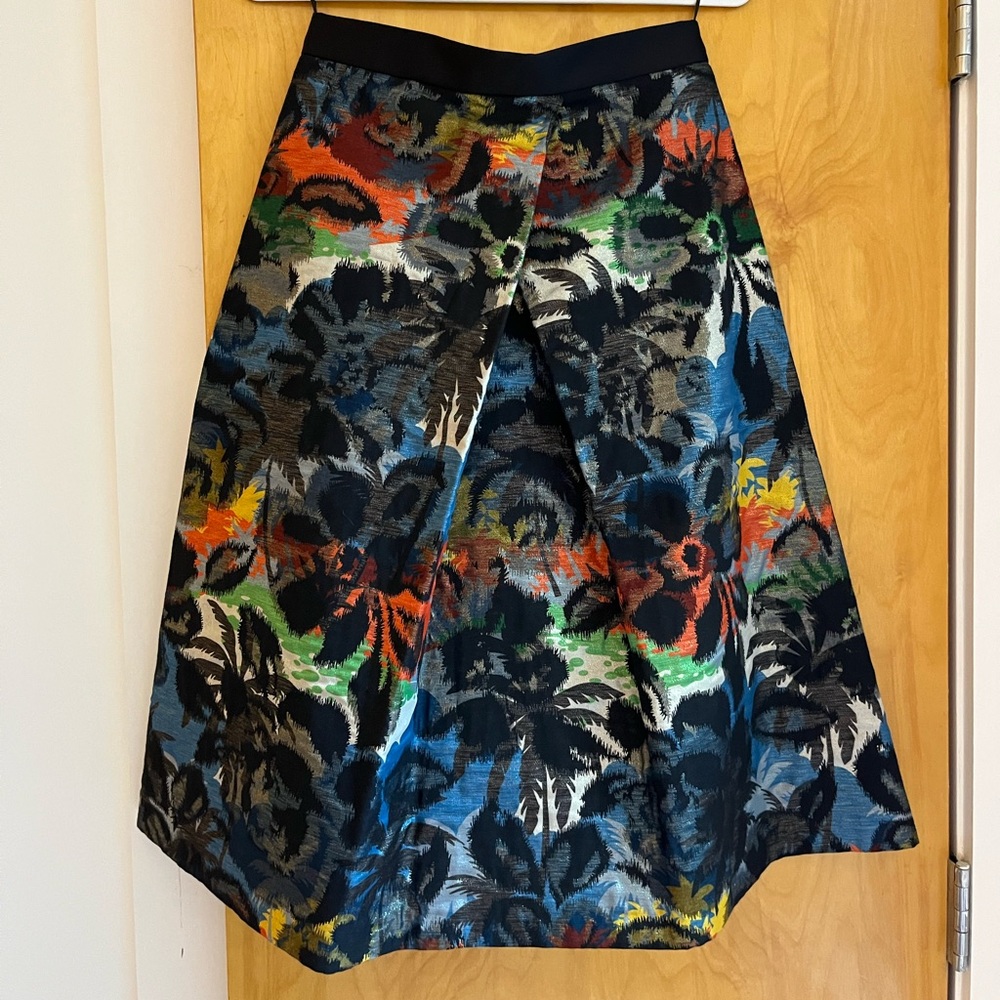 Midi a-line formal skirt with multicolored jungle pattern and metallic thread